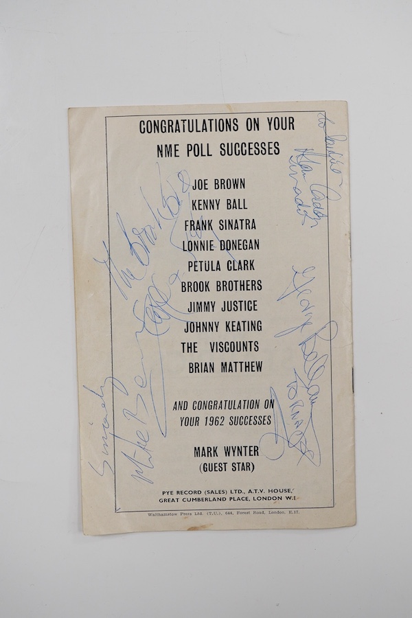 Beatles interest; a 1963 New Musical Express concert programme from the ‘Poll-Winners’ All-Star Concert, Empire Pool, Wembley on Sunday 21 April 1963, extensively signed by a number of the performers including three of t